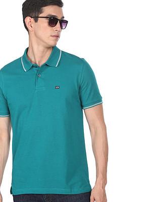 men teal striped collar solid polo shirt