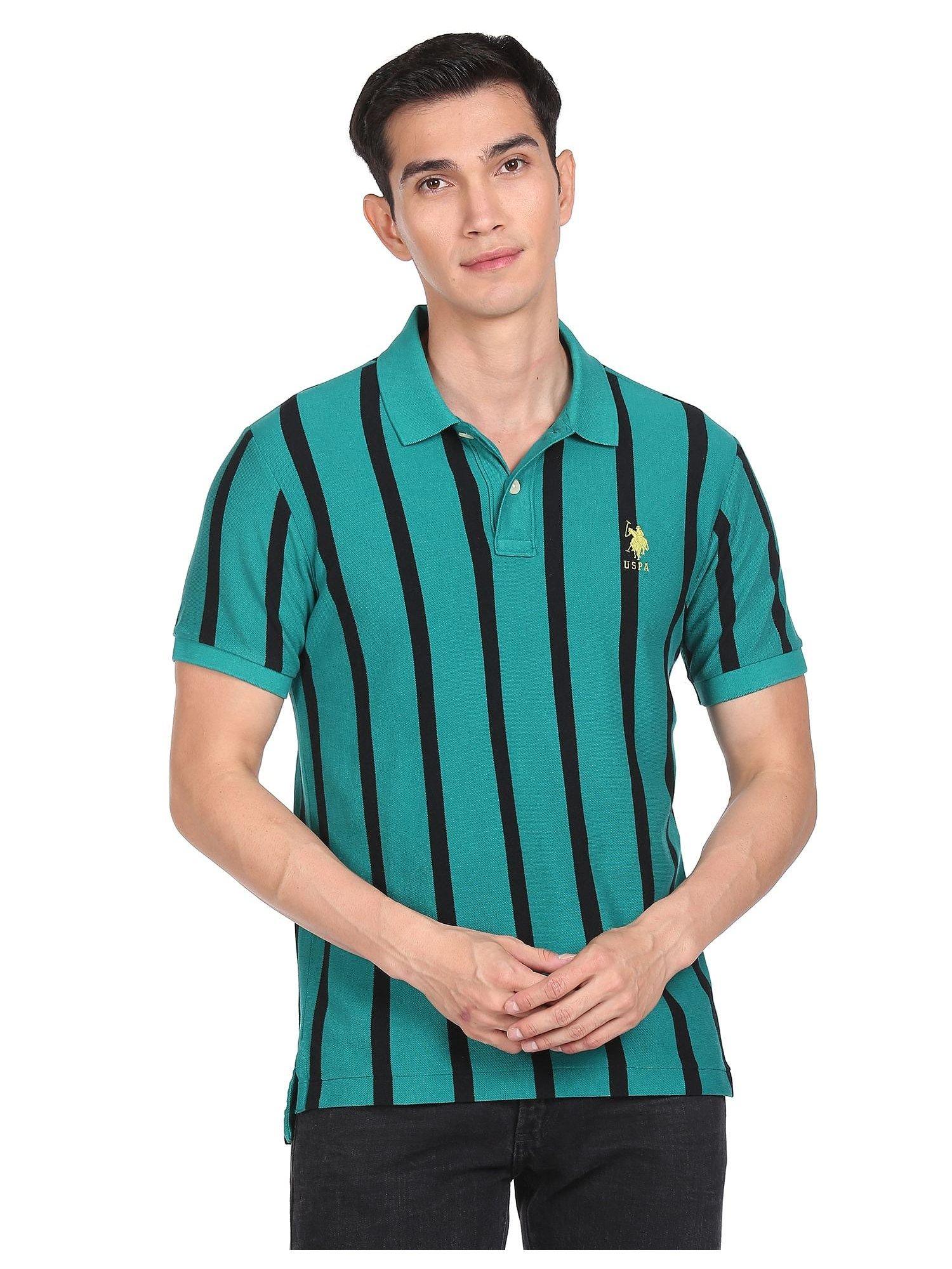 men teal vertical stripe pique polo t-shirt