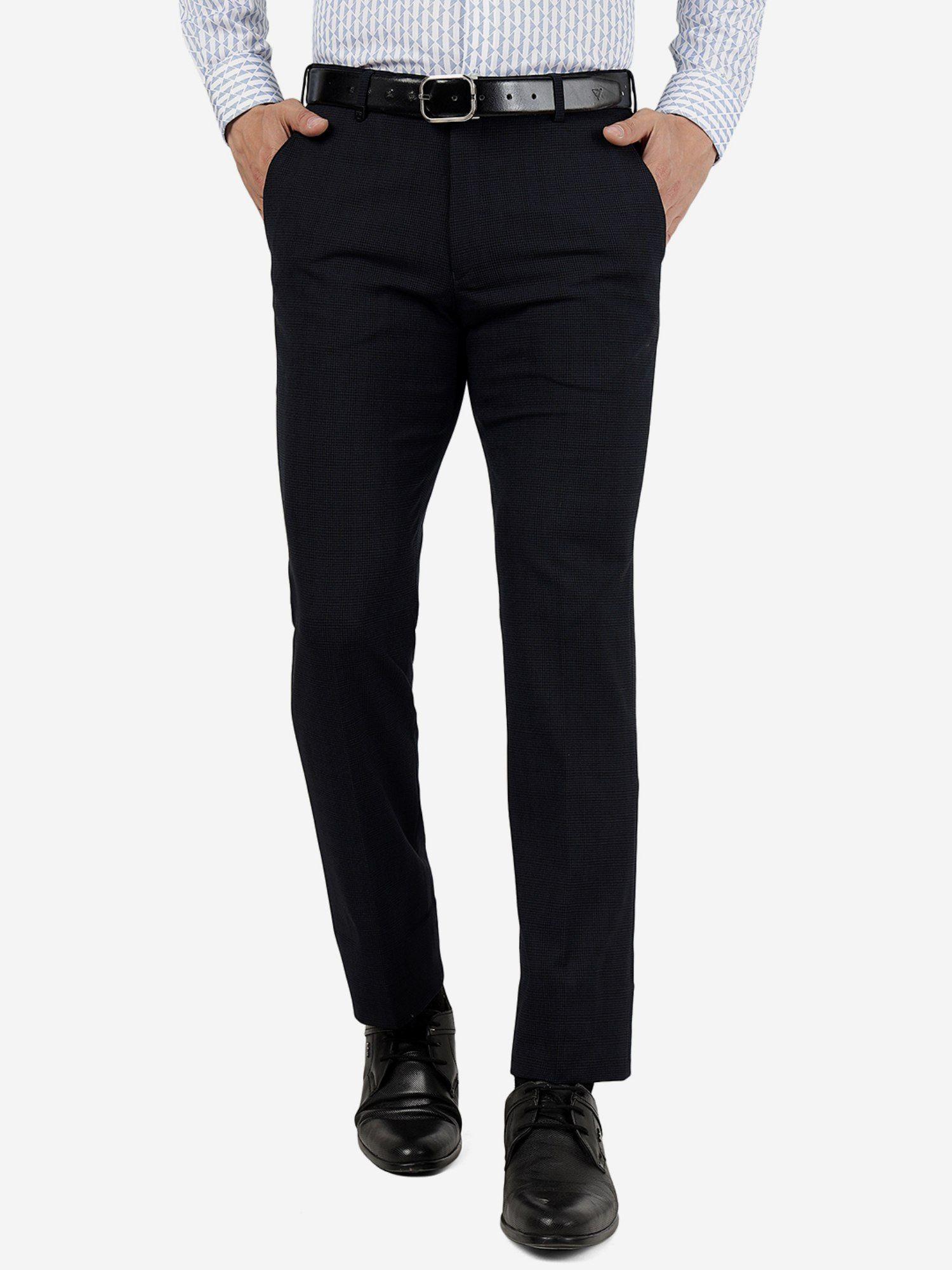 men terry rayon solid navy blue slim fit formal trouser