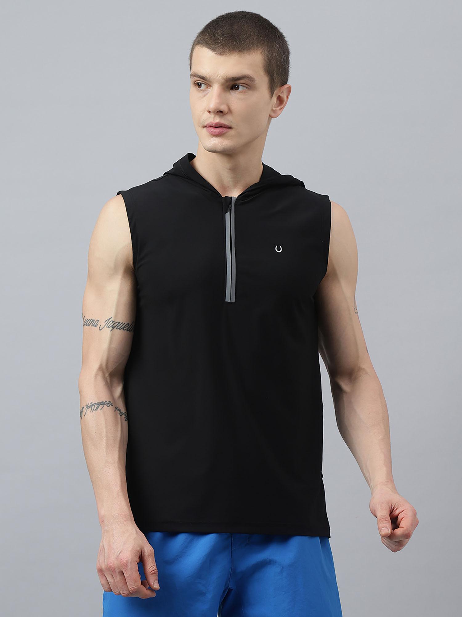 men textured front zipper black hooded t-shirt