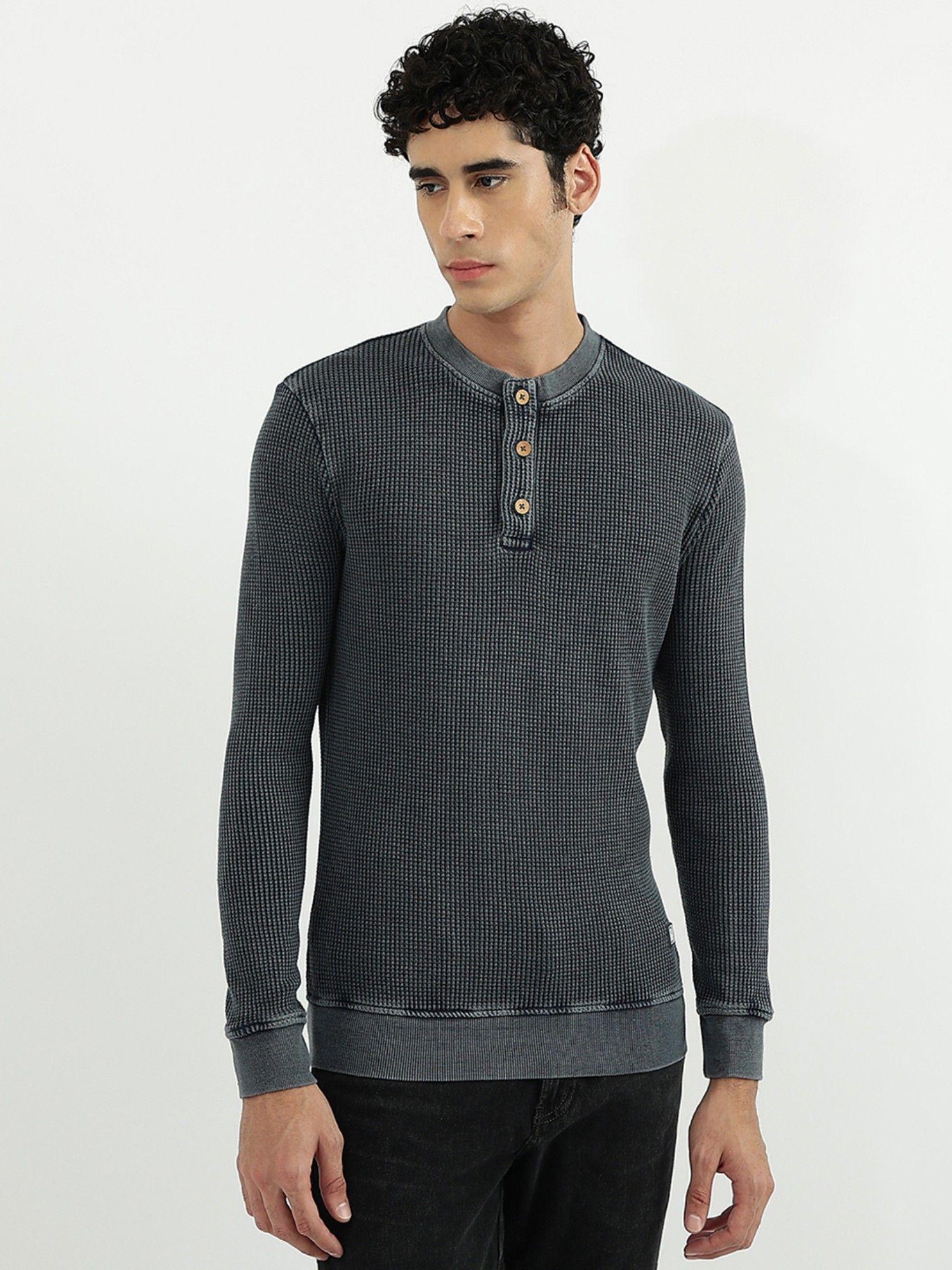 men textured henley neck t-shirt grey