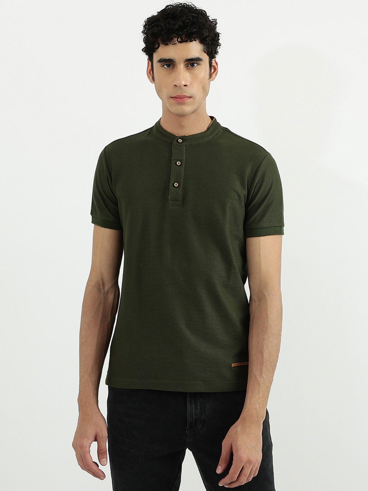 men textured henley neck t-shirt olive