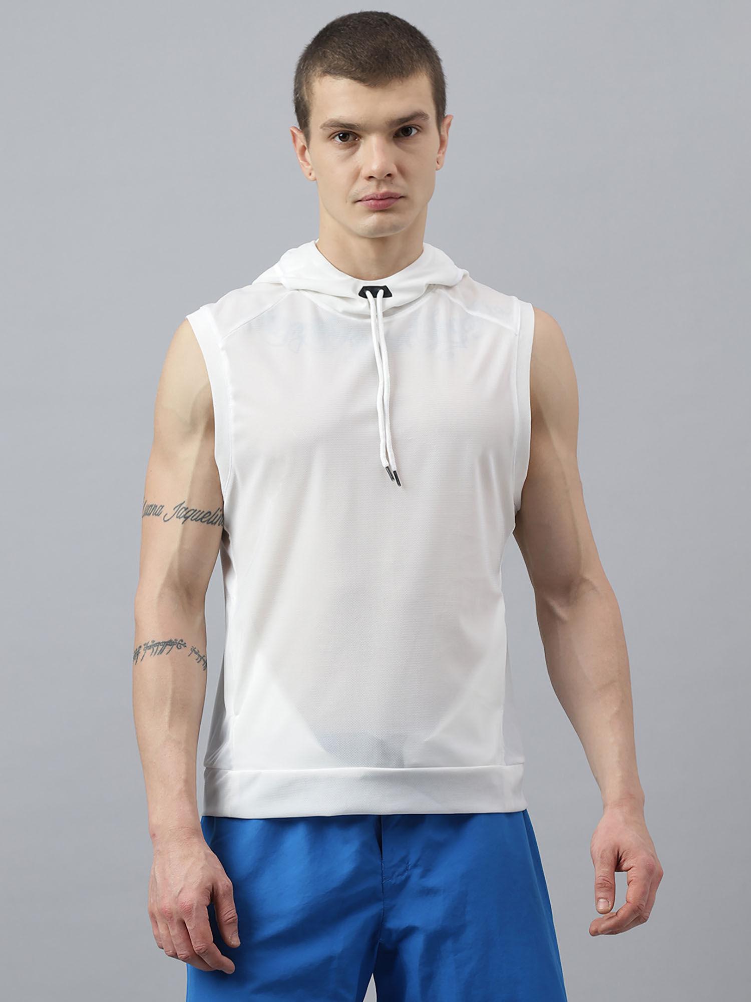 men textured hooded neck white t-shirt