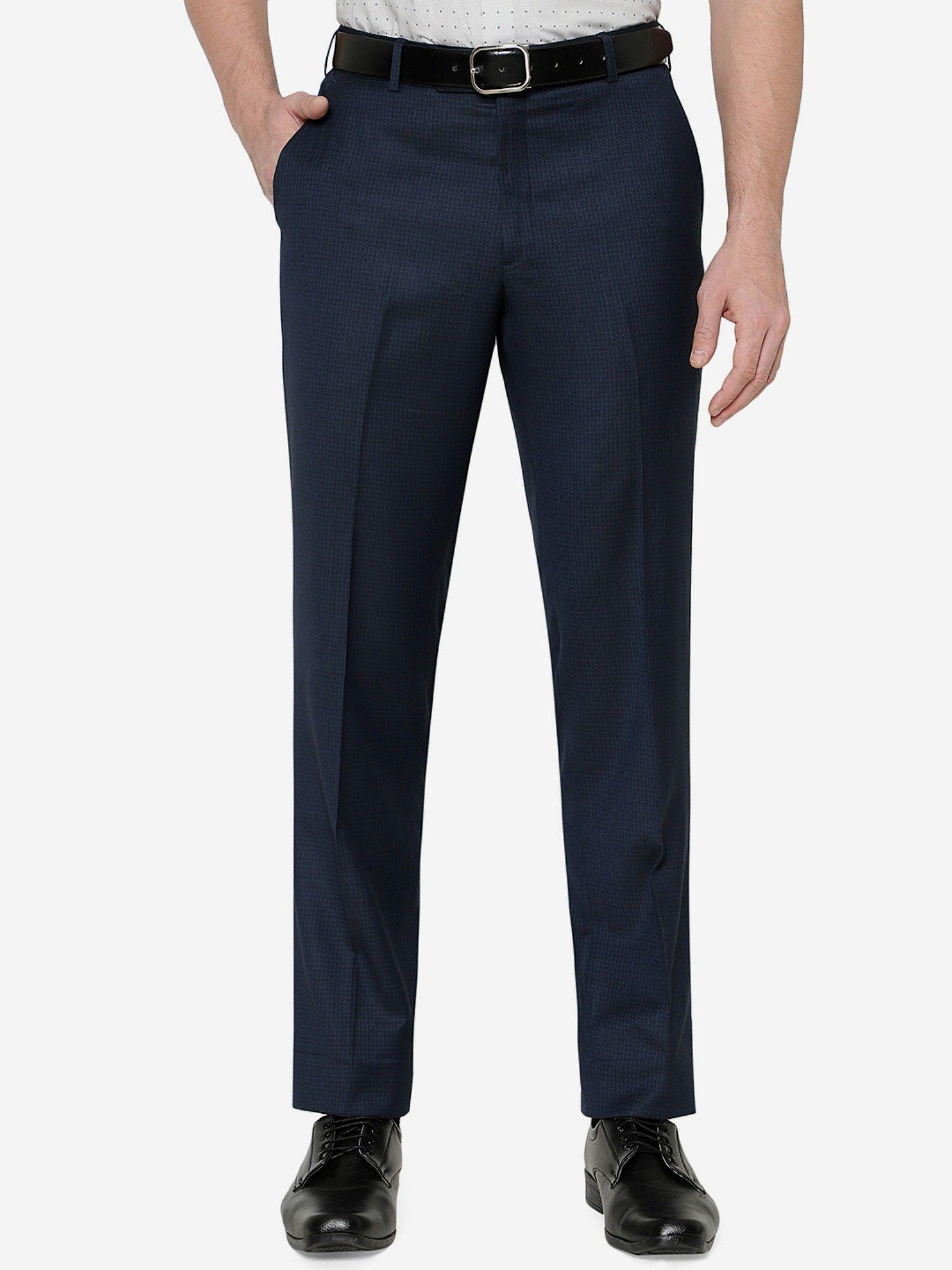 men textured navy blue terry rayon classic fit formal trouser