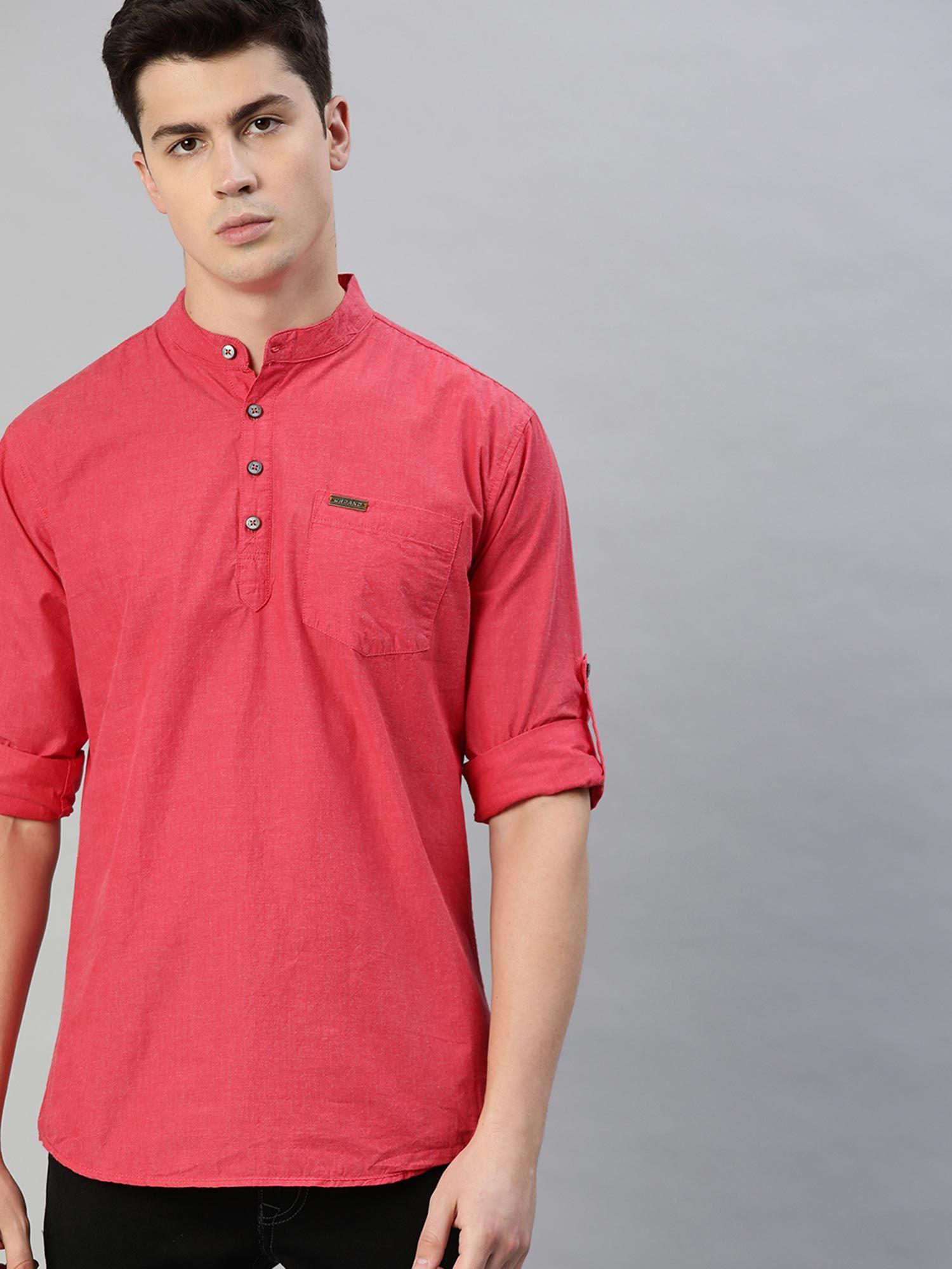 men tomato red cotton full sleeve casual shirt with mandarin collar slim fit