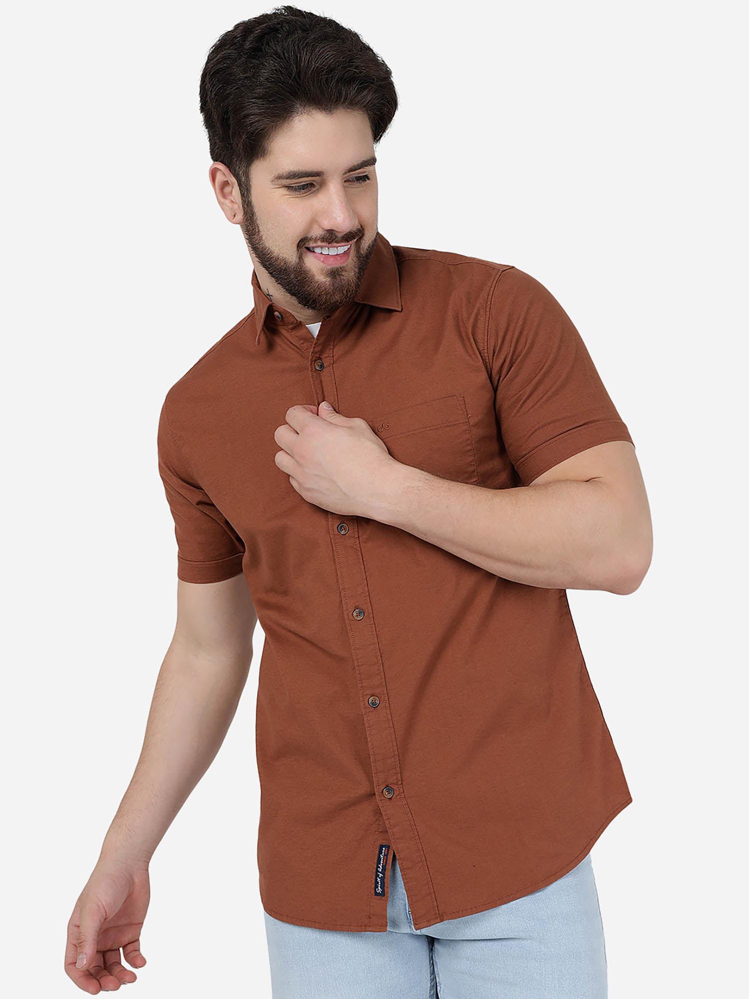men tortoise brown cotton slim fit solid semi casual shirt
