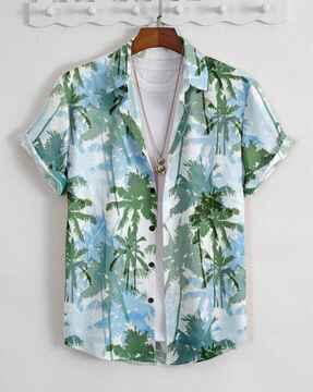 men tree print regular fit shirt with spread collar