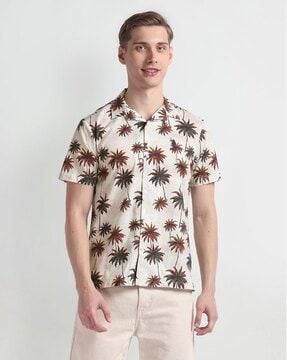 men tropical print cotton shirt