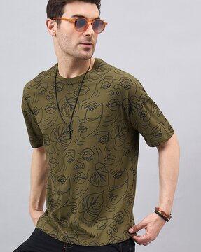 men tropical print loose fit round-neck t-shirt