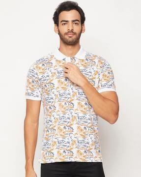 men tropical print regular fit polo t-shirt