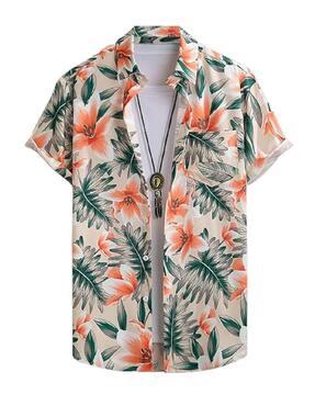 men tropical print regular fit shirt with patch pocket