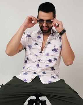 men tropical print regular fit shirt with spread collar