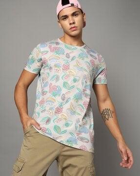 men tropical print slim fit crew-neck t-shirt