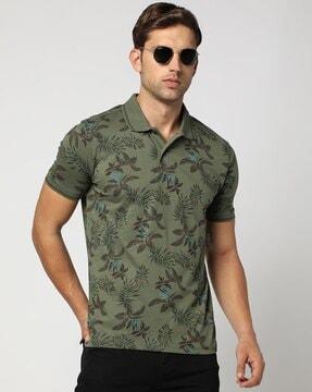 men tropical print slim fit polo t-shirt