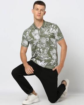 men tropical print slim fit polo t-shirt