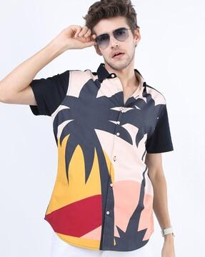 men tropical print slim fit shirt