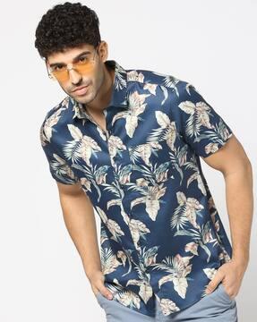 men tropical print slim fit shirt