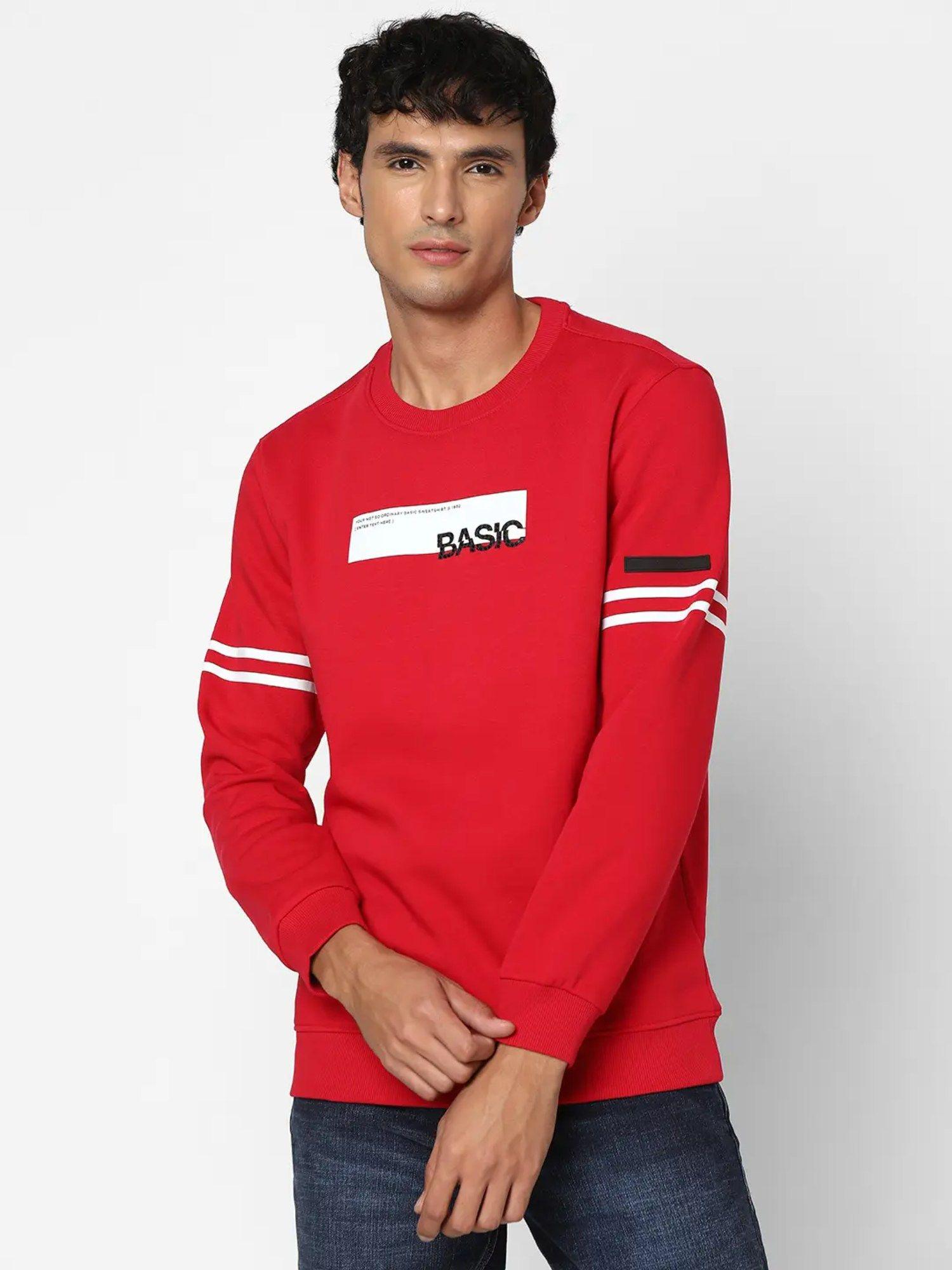 men true red slim fit full sleeve round neck printed casual sweatshirt