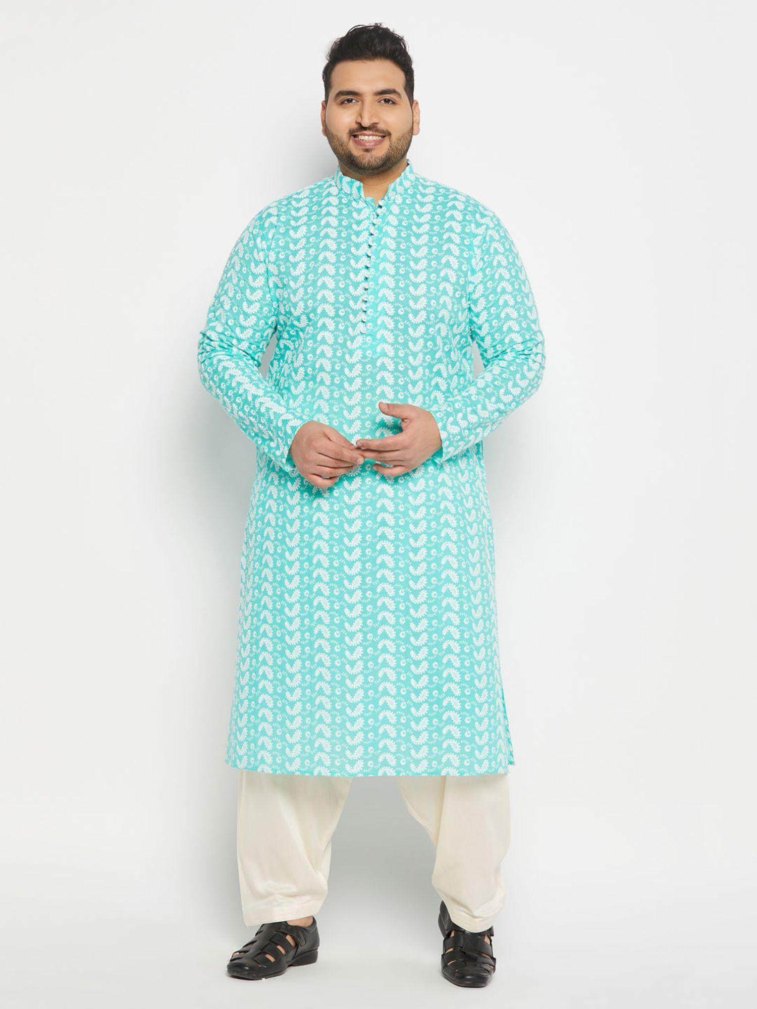 men turquoise & cream pure cotton kurta with patiala (set of 2)