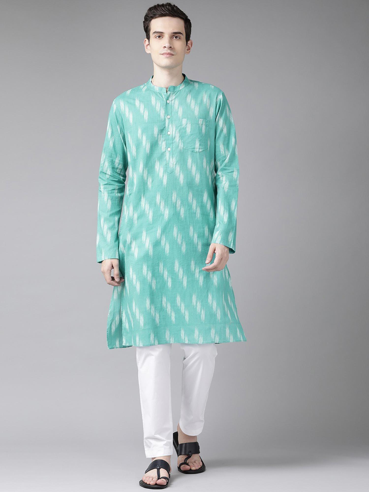 men turquoise blue and white printed straight kurta with pyjama (set of 2)