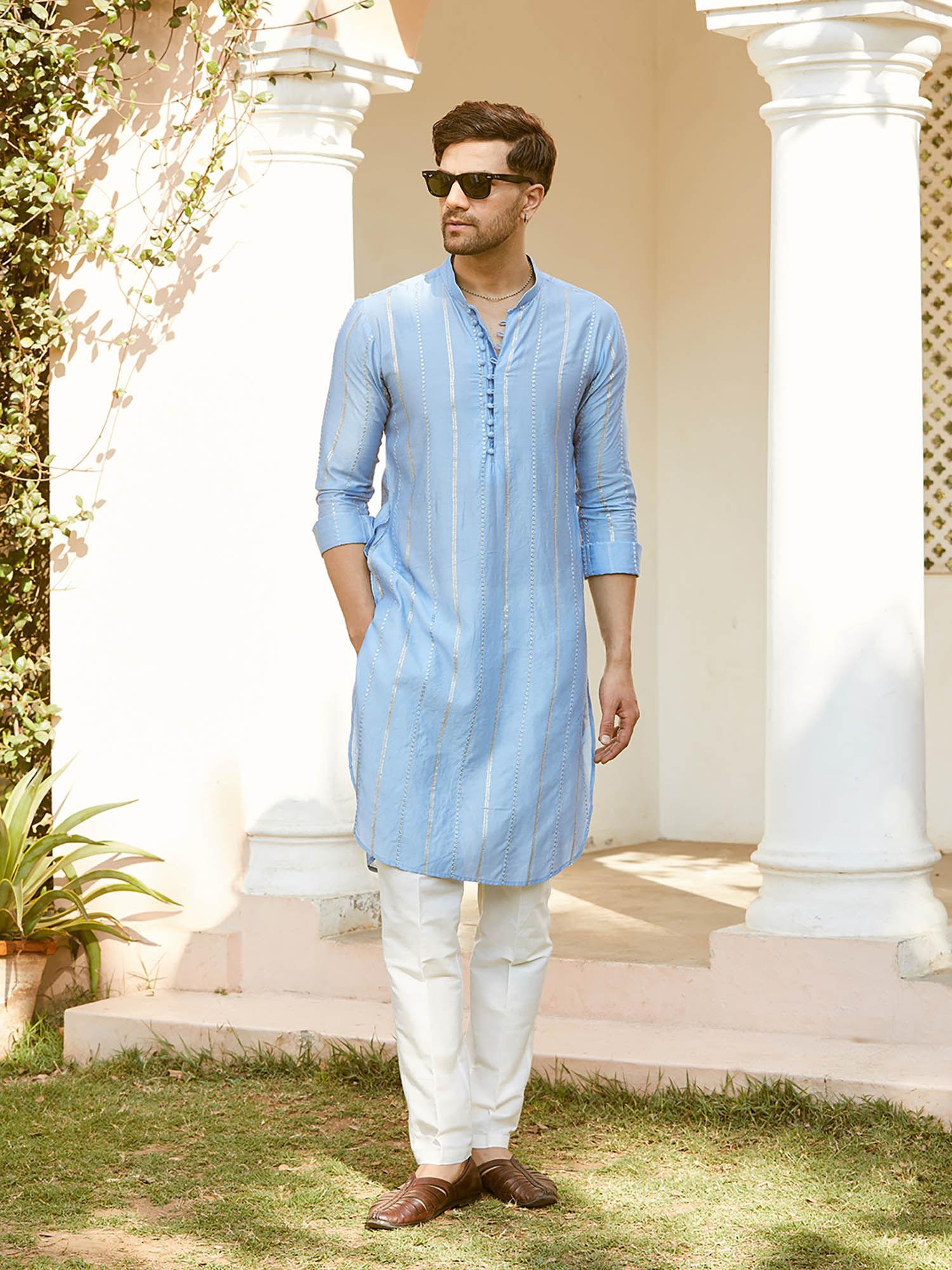 men turquoise blue chanderi silk sequins cotton kurta with pyjama (set of 2)