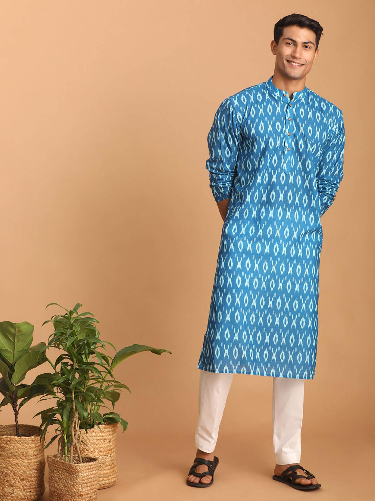men turquoise cotton blend kurta pyjama (set of 2)