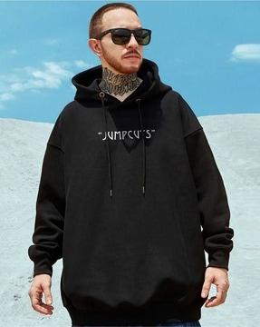 men typographic print boxy fit hooded t-shirt