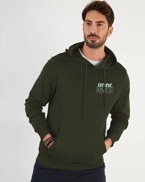 men typographic print hoodie with kangaroo pocket