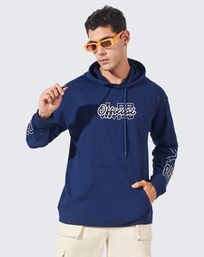men typographic print hoodie with kangaroo pocket