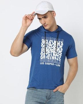 men typographic print regular fit hooded t-shirt