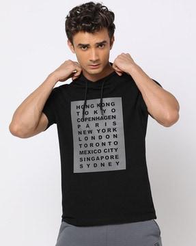 men typographic print regular fit hooded t-shirt