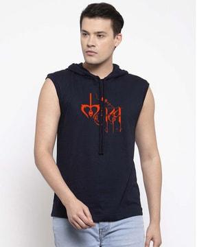 men typographic print regular fit hooded t-shirt