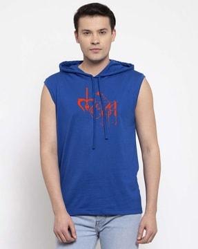 men typographic print regular fit hooded t-shirt