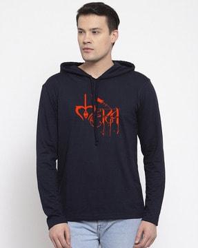 men typographic print regular fit hooded t-shirt