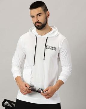 men typographic print regular fit hooded t-shirt