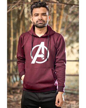 men typographic print regular fit hoodie with kangaroo pocket