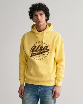 men typographic print relaxed fit hoodie with kangaroo pocket