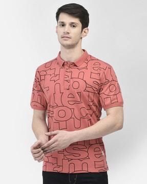 men typographic print slim fit polo t-shirt with patch pocket