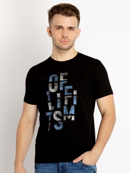 men typography round neck cotton blend black t-shirt