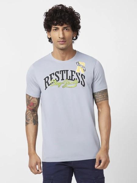 men typography round neck cotton blend grey t-shirt