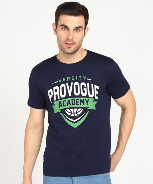 men typography round neck cotton blend navy blue t-shirt