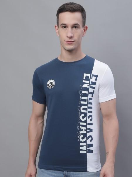 men typography round neck poly cotton dark blue, white t-shirt