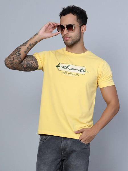 men typography round neck pure cotton yellow t-shirt