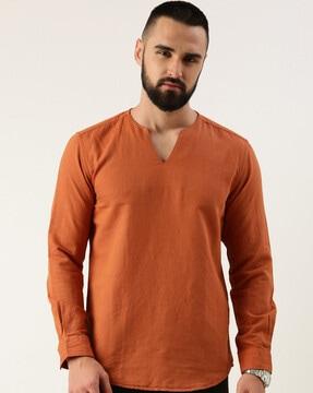 men v-neck slim-fit short kurta