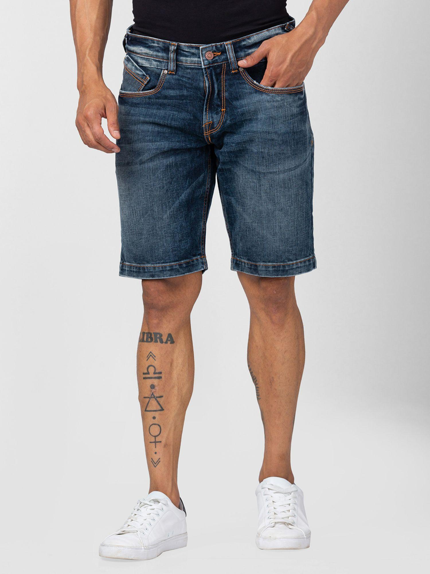 men vintage blue cotton regular fit denim shorts