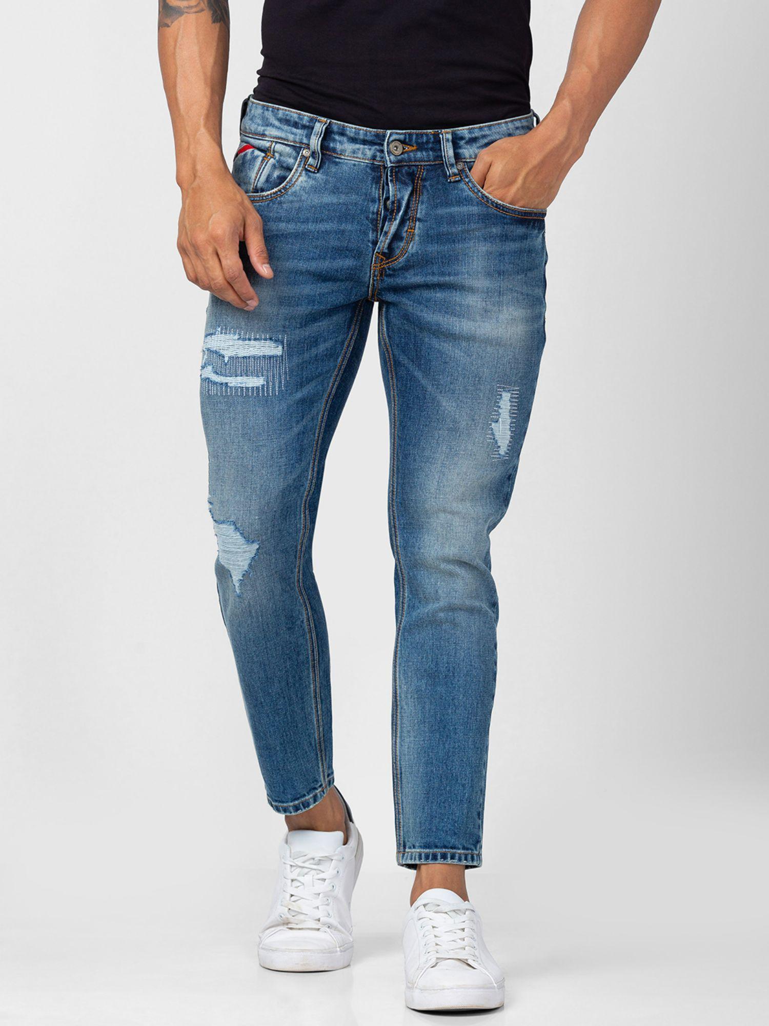men vintage blue cotton slim fit tapered length jeans (kano)