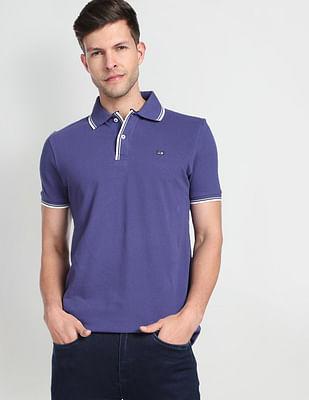 men violet striped hem cotton polo shirt