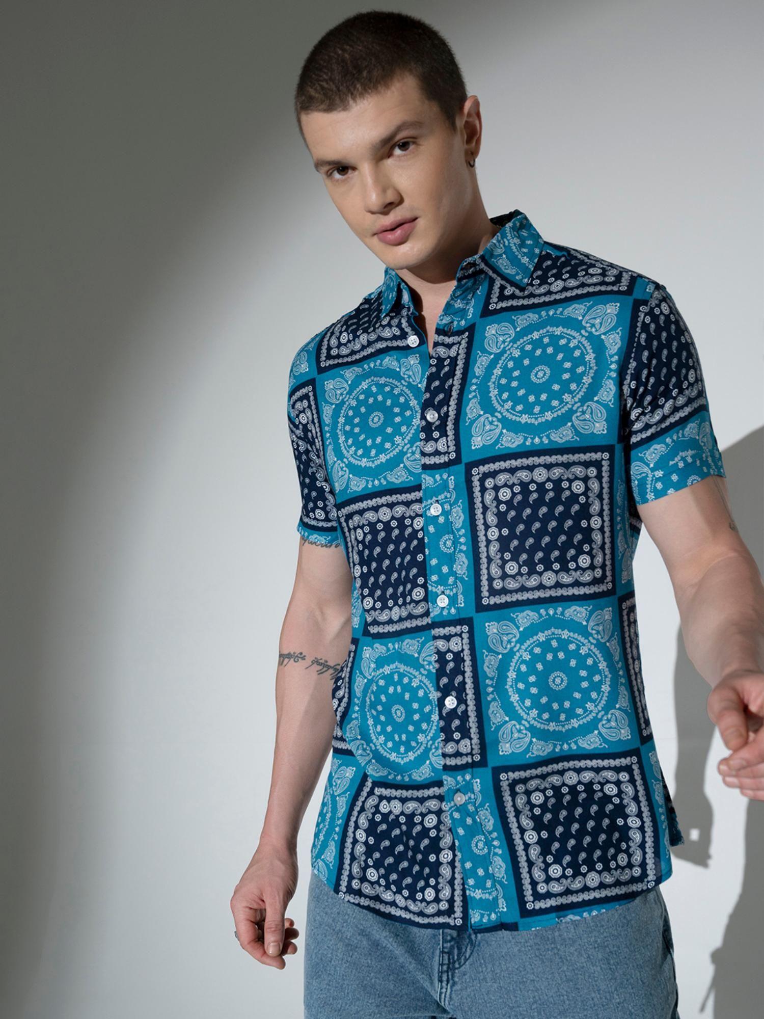 men viscose rayon collar neck short sleeves printed oversized casual blue shirt