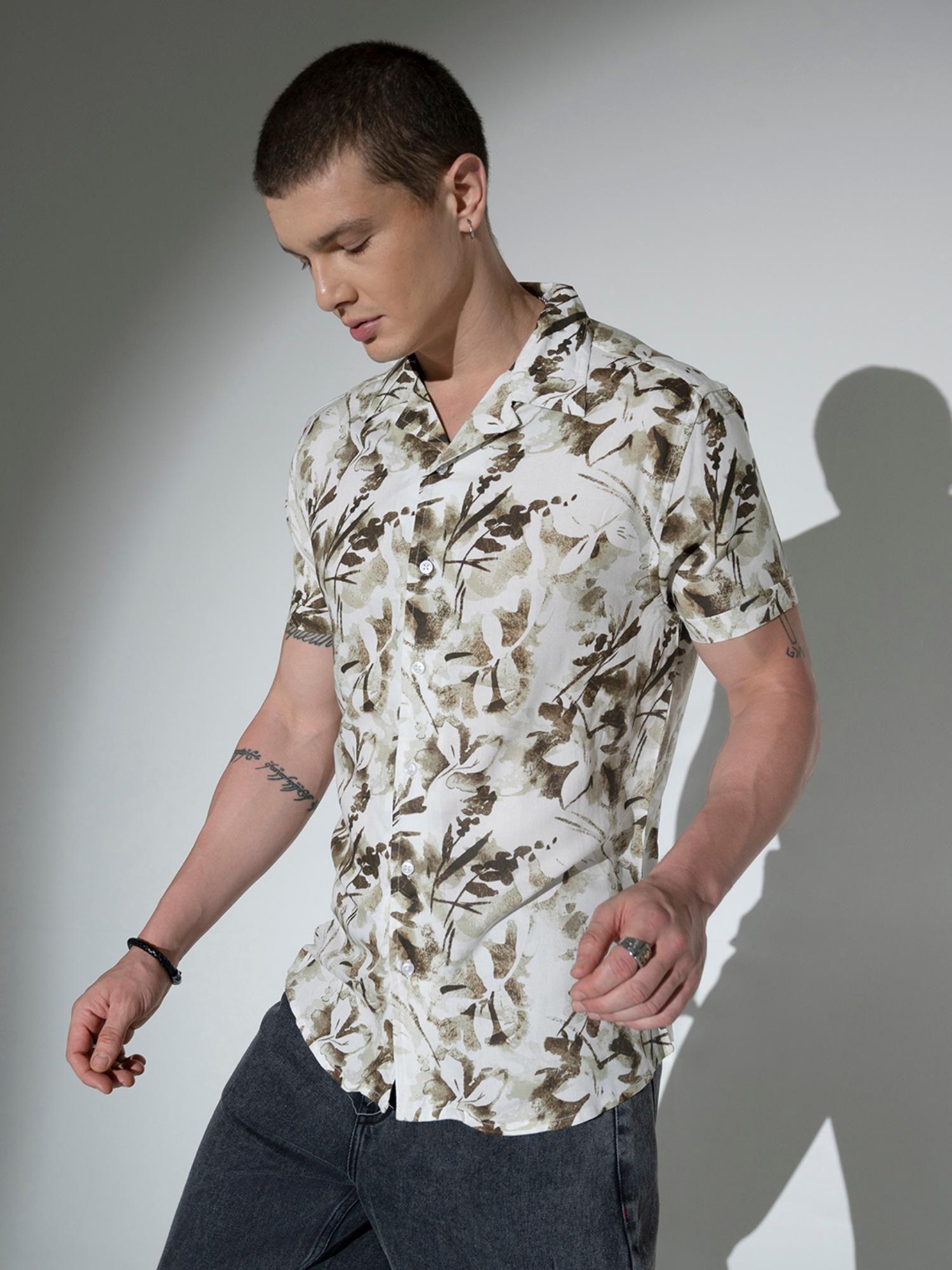 men viscose rayon cuban collar short sleeves printed oversized casual white shirt