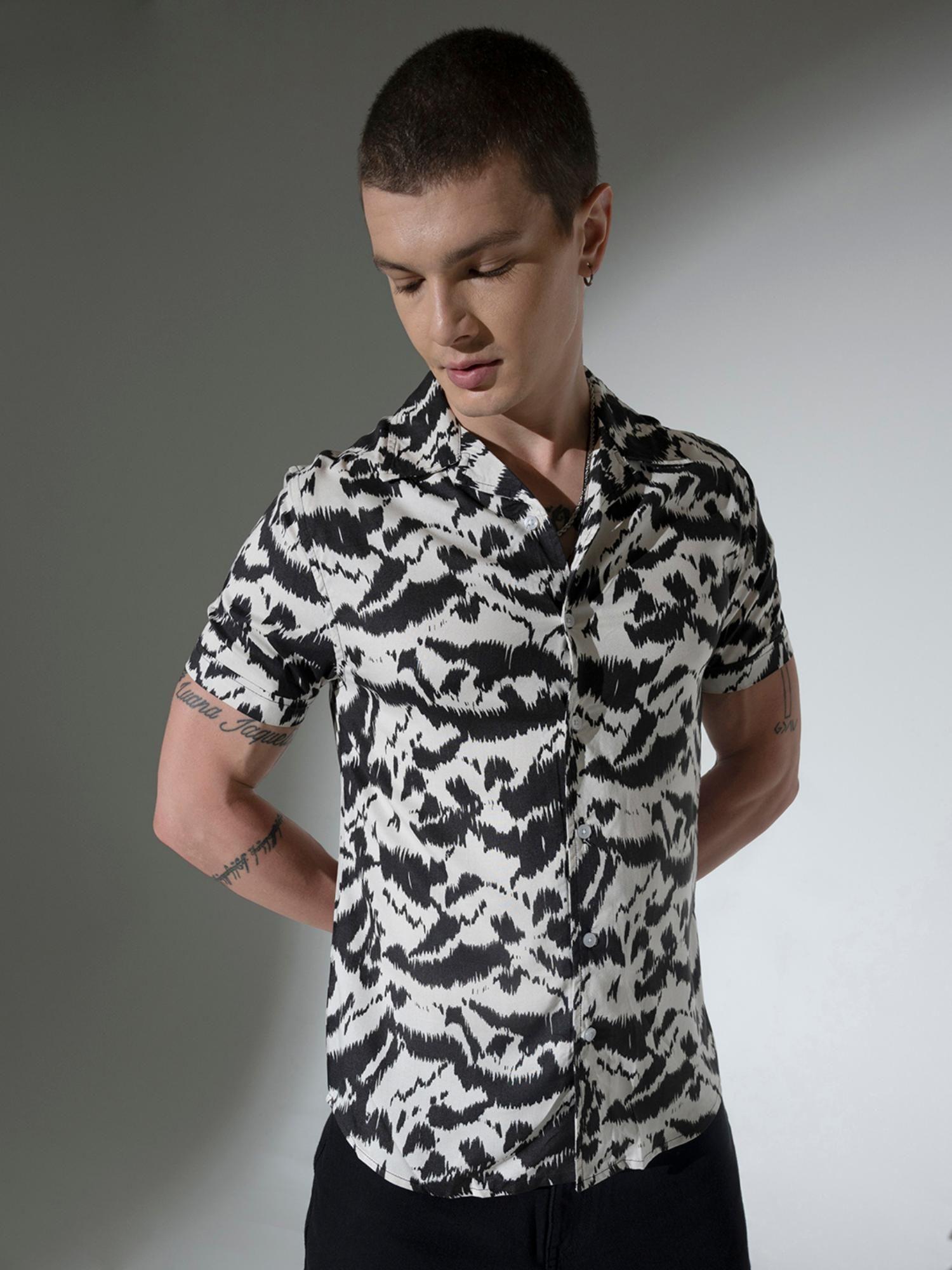 men viscose rayon cuban collar short sleeves printed oversized casual white shirt